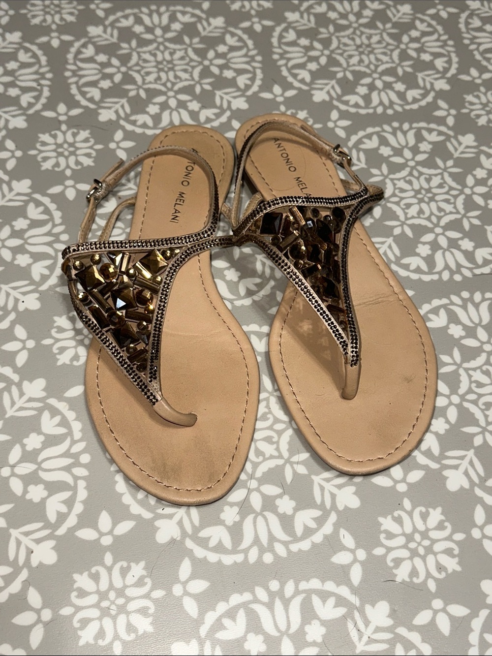 Antonio Melani Tan Jewel  Embellished T-Strap Sandals